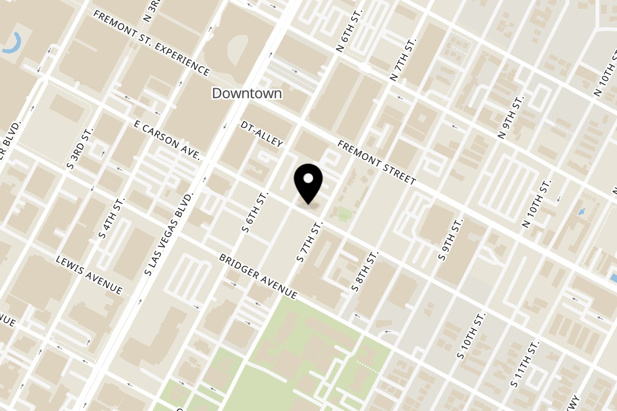 Map showing the location of Sayulitas Downtown Las Vegas on 616 E Carson Ave #120 in Las Vegas